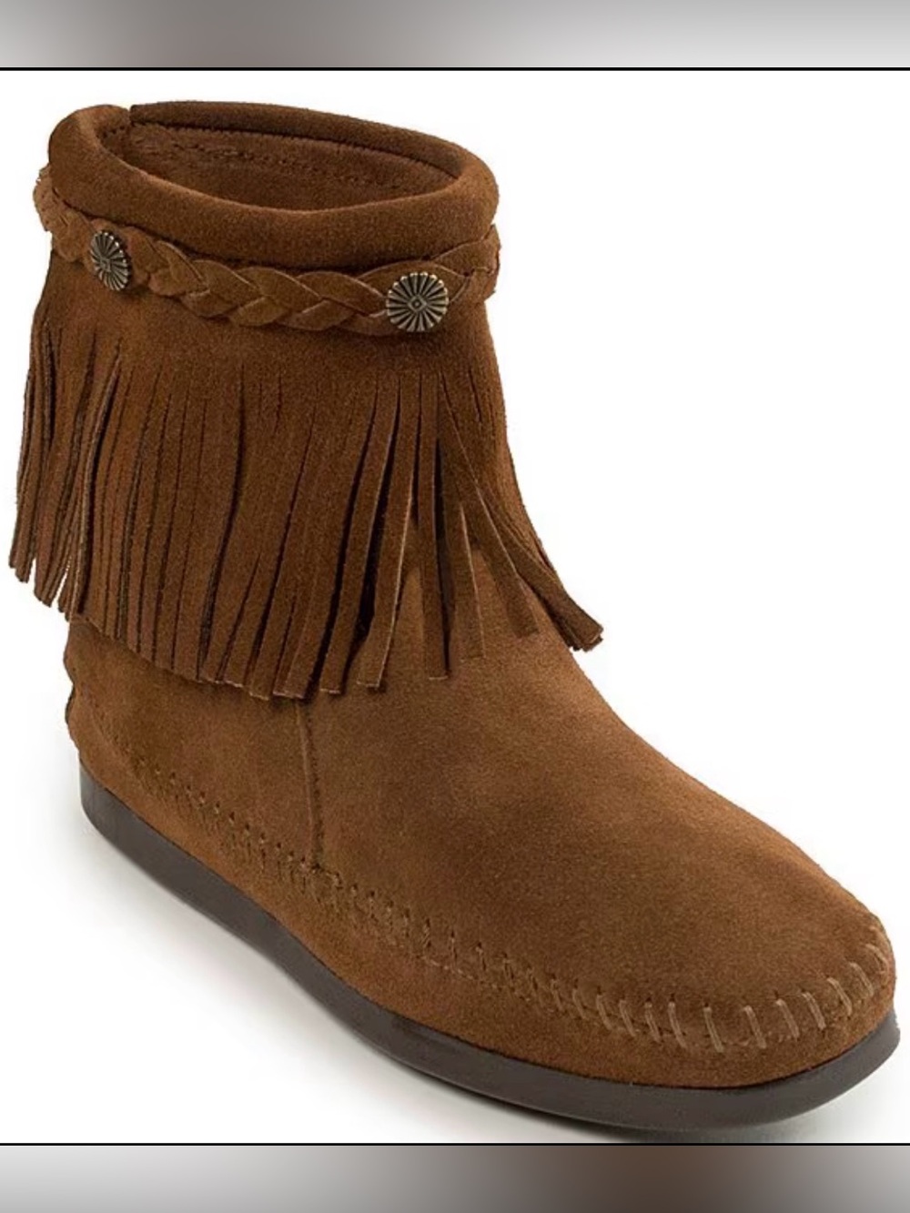 Minnetonka || Brown Suede Fringe Concho Detailed Ankle Bootie Sz 7